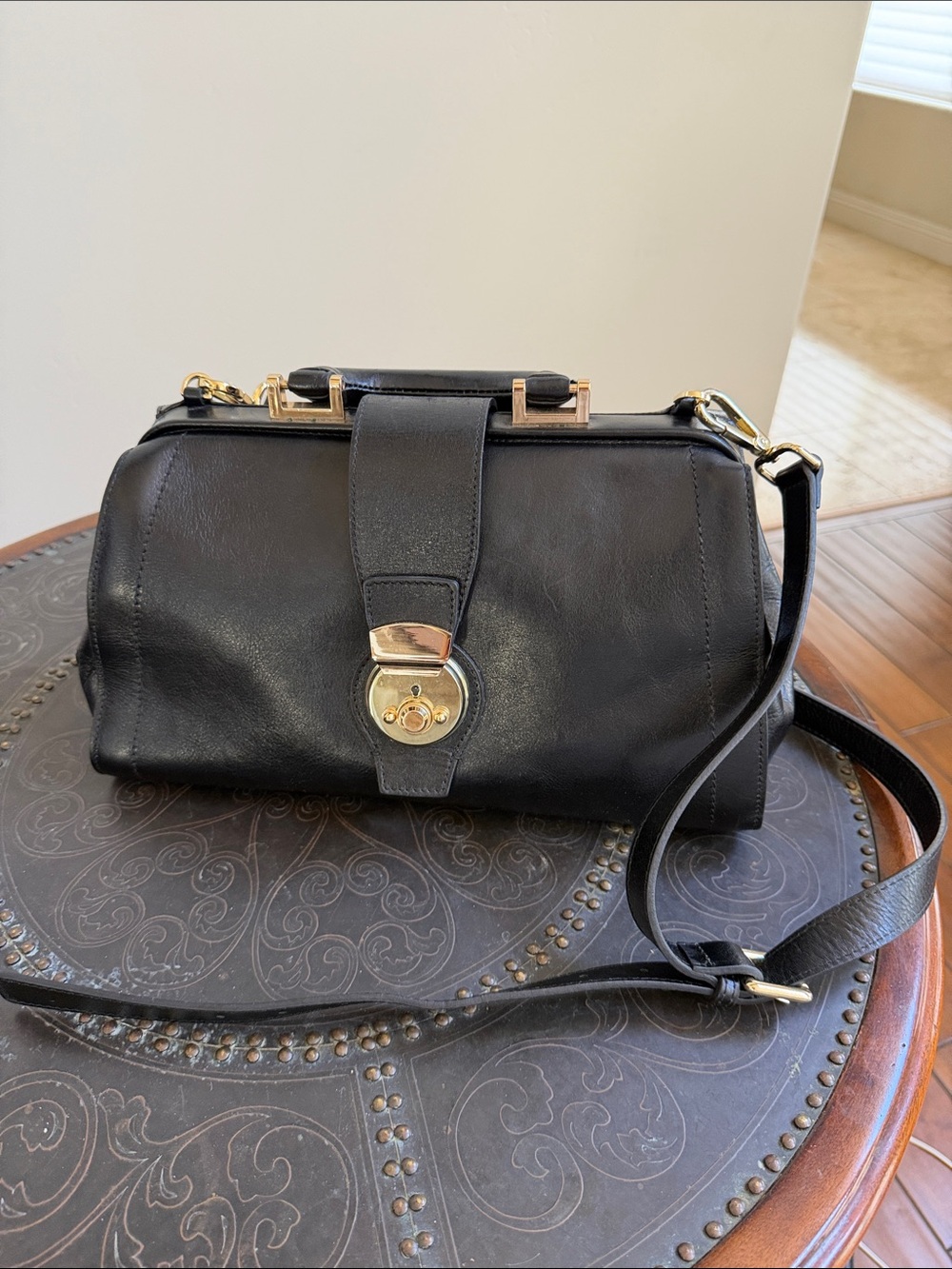 Classic Black Leather Crossbody with Gold-Tone Lock
